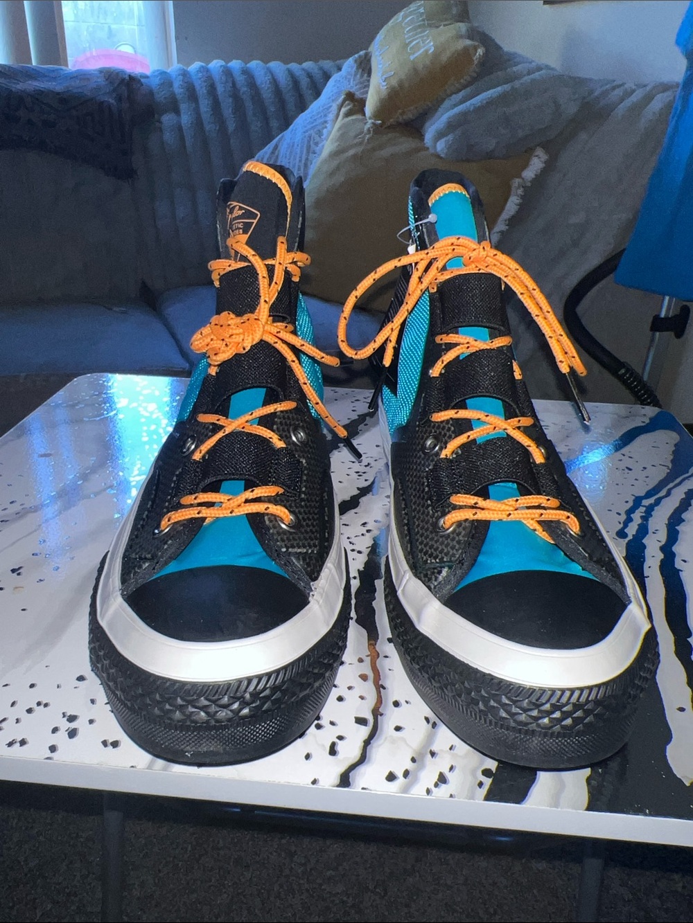 Converse Kids Black and Teal High-Tops with Orange Laces